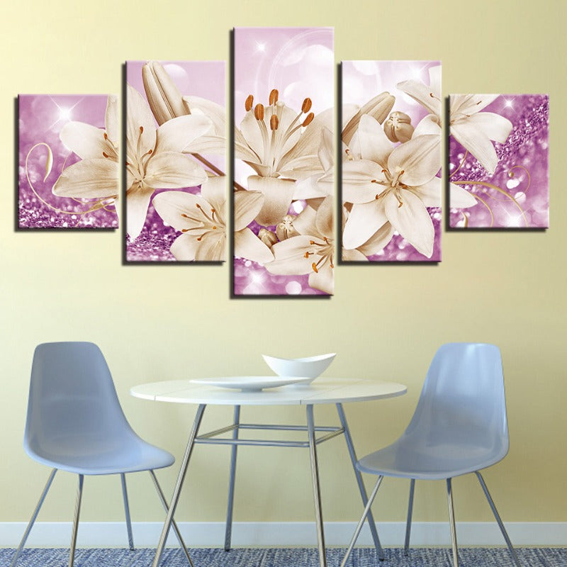 Bedazzled Rose Gold Lilies 5 Piece - Canvas Wall Art Painting | Bowlift