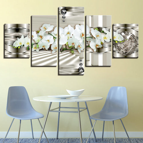 5 Piece White Metallic Background Flower - Canvas Wall Art Painting | Bowlift