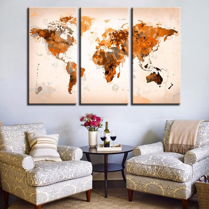 Beautiful Abstract Brown World Map-Canvas Wall Art Painting 3 Pieces | Bowlift