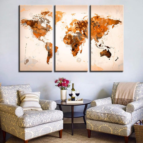 Beautiful Abstract Brown World Map-Canvas Wall Art Painting 3 Pieces | Bowlift