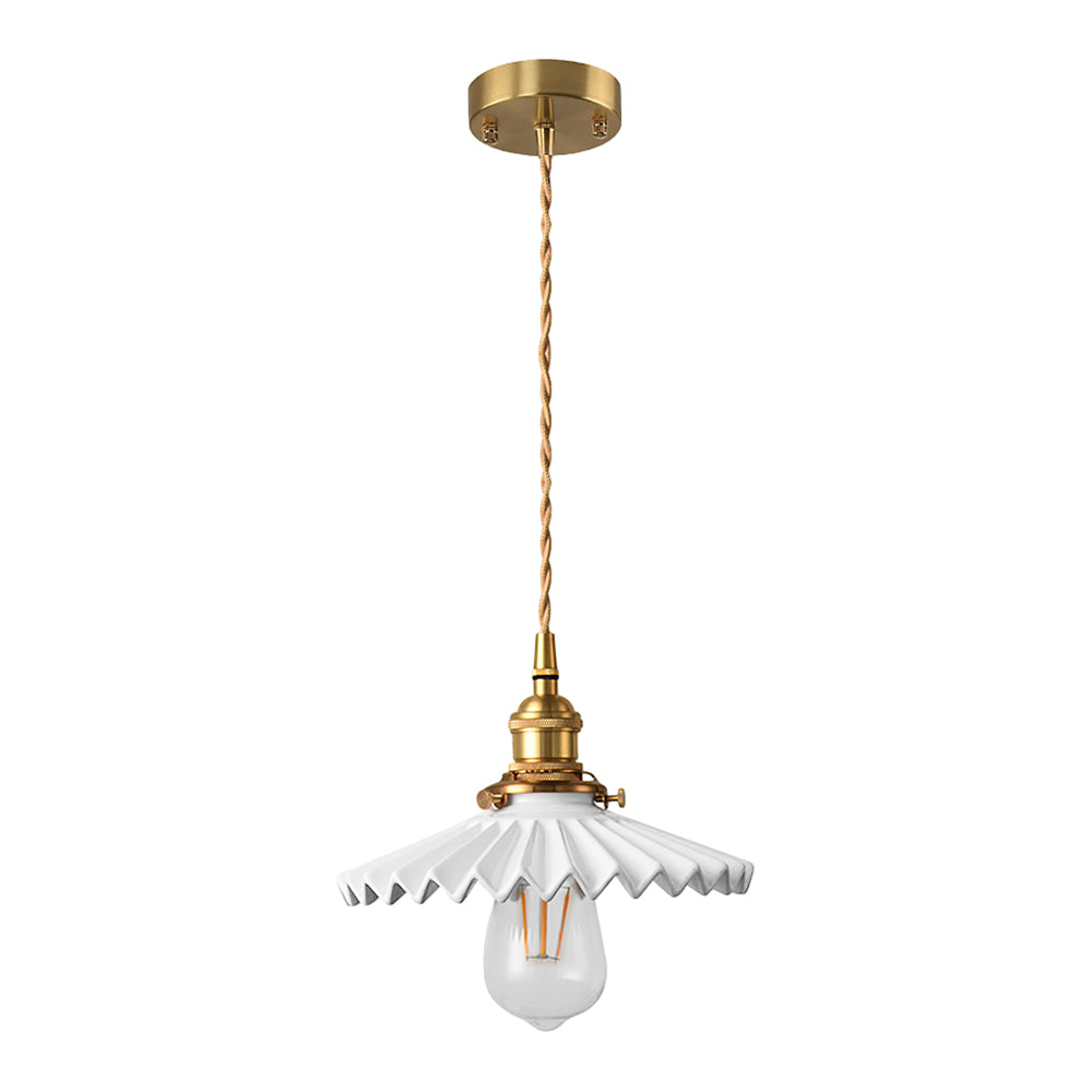 Vintage ceramic pendant lamp with pleated design – brass LED pendant light for dining room and living room | Bowlift