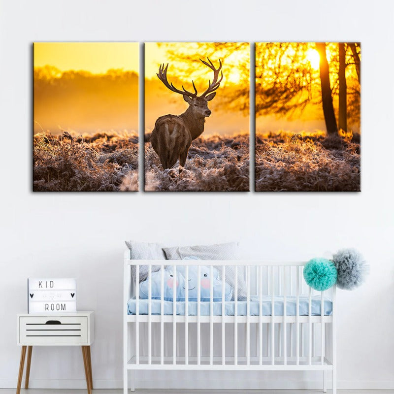 Winter Deer At Dawn-Canvas Wall Art Painting 3 Pieces | Bowlift