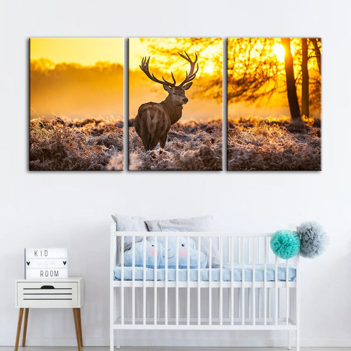 Winter Deer At Dawn-Canvas Wall Art Painting 3 Pieces | Bowlift