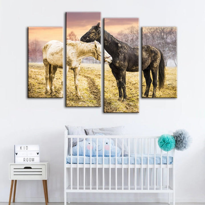 4 Piece Black & White Horses - Canvas Wall Art Painting | Bowlift