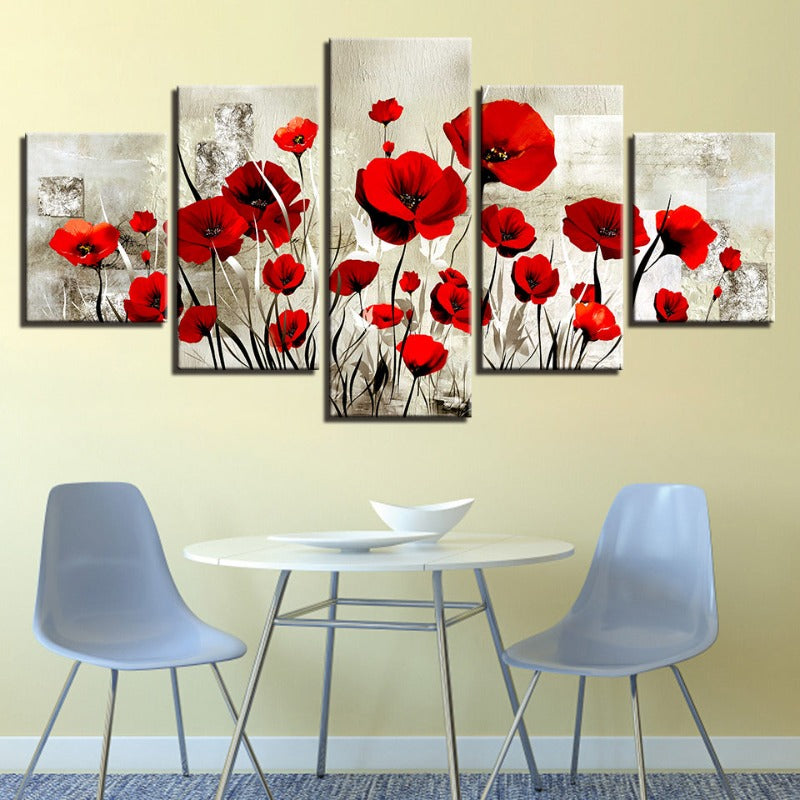 5 Piece Red Tulip Flower - Canvas Wall Art Painting | Bowlift