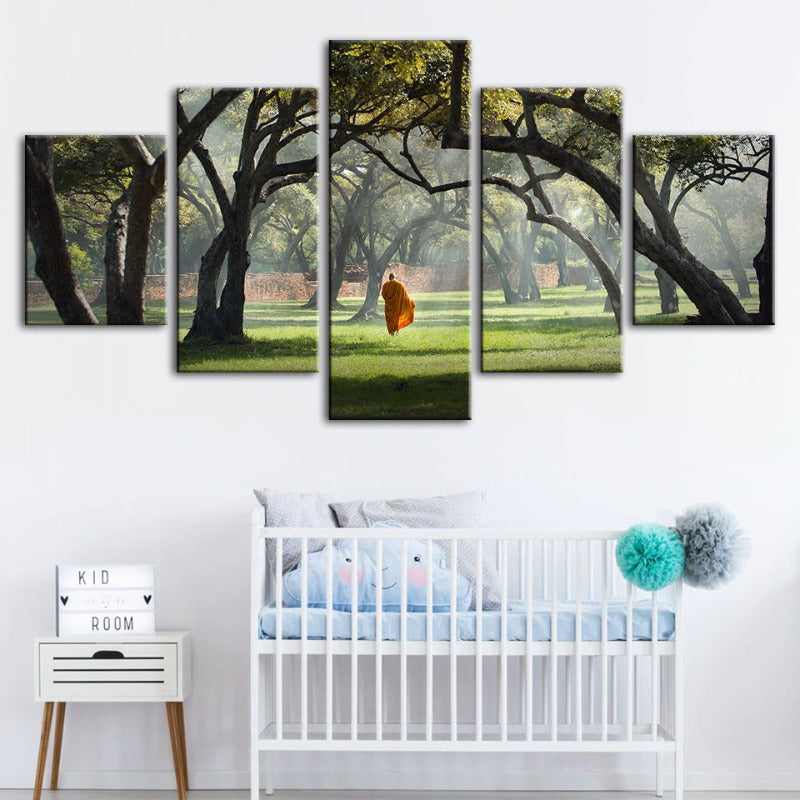5 Piece Peaceful Monk Walking - Canvas Wall Art Painting | Bowlift