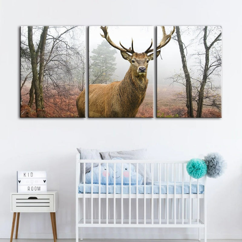 Misty Fall Deer-Canvas Wall Art Painting 3 Pieces | Bowlift