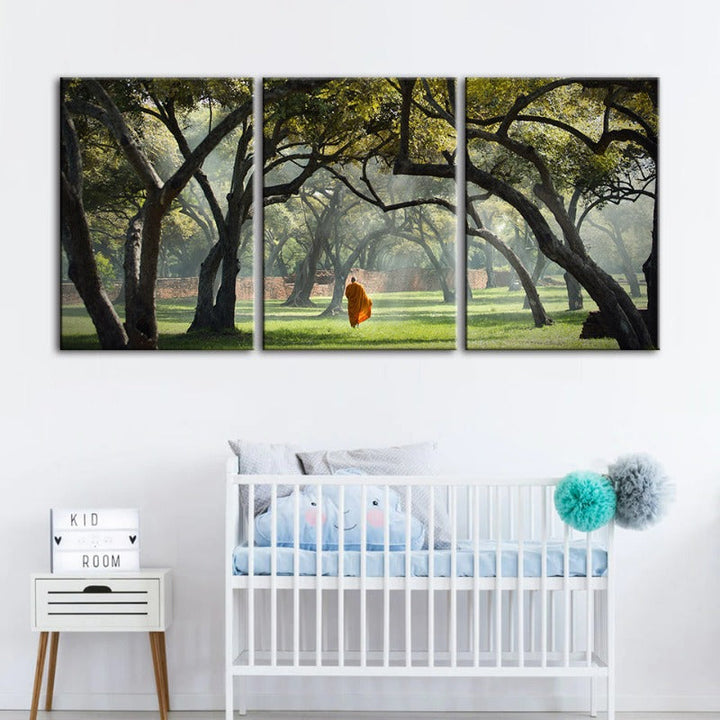 Peaceful Monk Walking-Canvas Wall Art Painting 3 Pieces | Bowlift