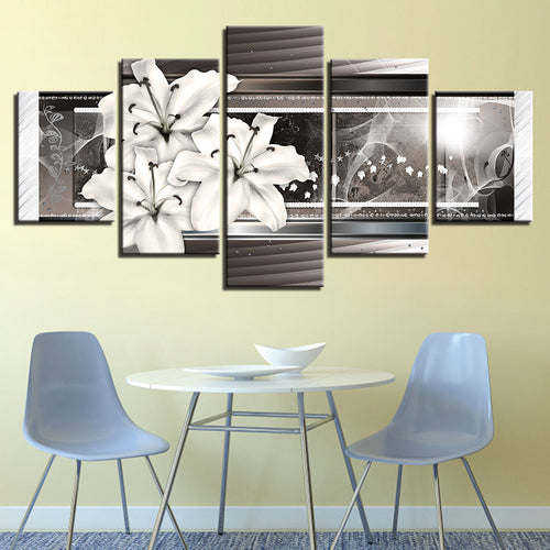 5 Piece White & Silver Flower - Canvas Wall Art Painting | Bowlift