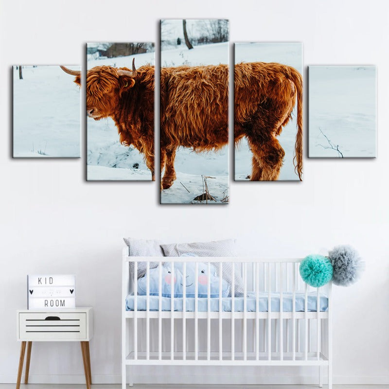 5 Piece Curly Haired Cow - Canvas Wall Art Painting | Bowlift