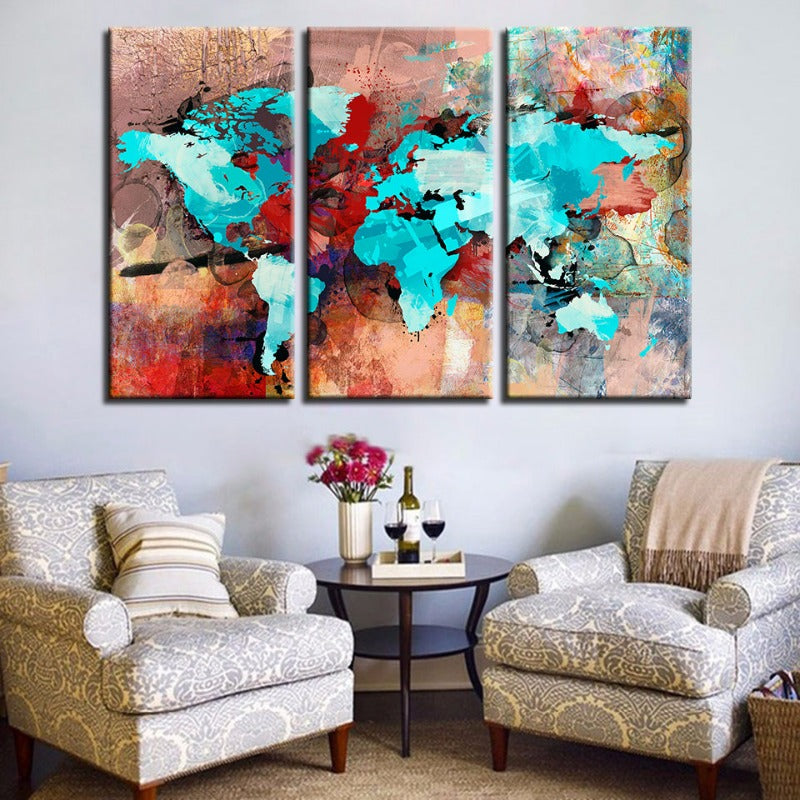 Beautiful Abstract Sea Blue & Red World Map-Canvas Wall Art Painting 3 Pieces | Bowlift
