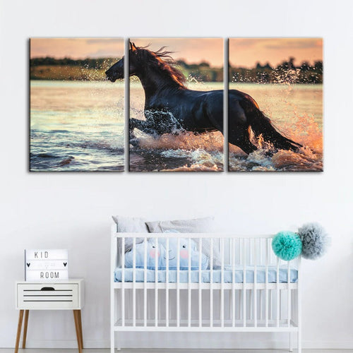 Running Horse In Water-Canvas Wall Art Painting 3 Pieces | Bowlift