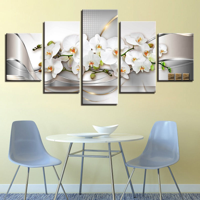 5 Piece Golden Hue White Flower - Canvas Wall Art Painting | Bowlift