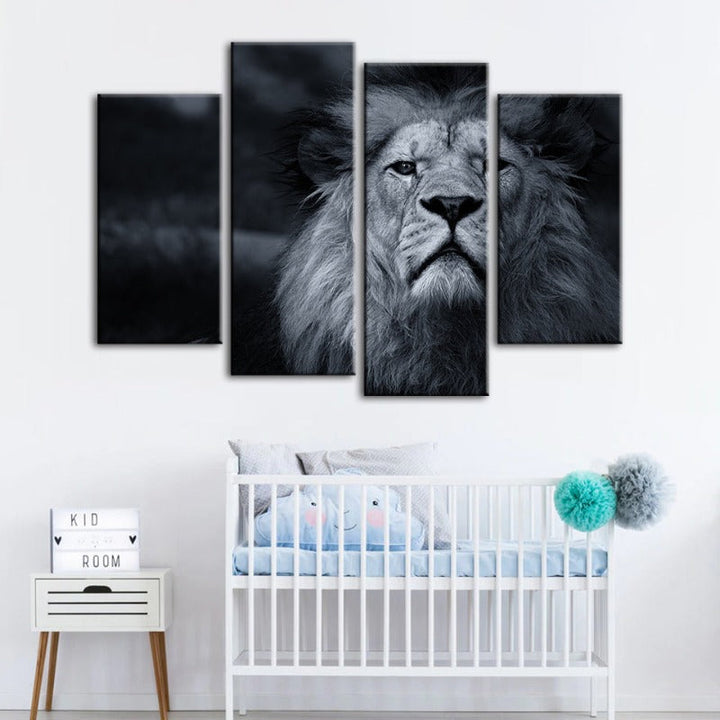 4 Piece Grayscale Concerned Lion - Canvas Wall Art Painting | Bowlift
