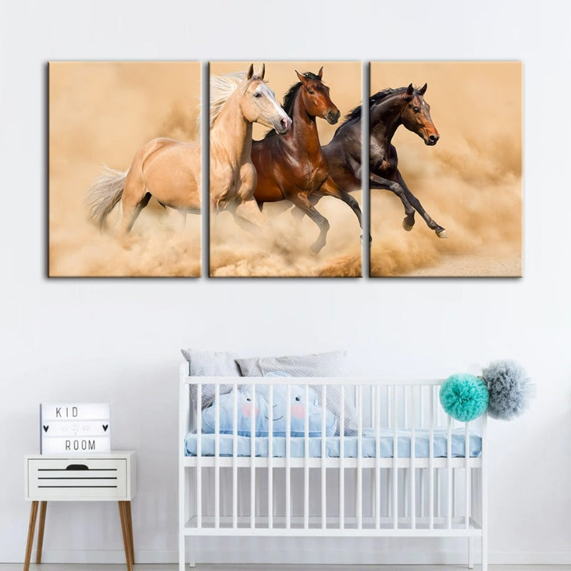 Three Running Horses In Desert-Canvas Wall Art Painting 3 Pieces | Bowlift