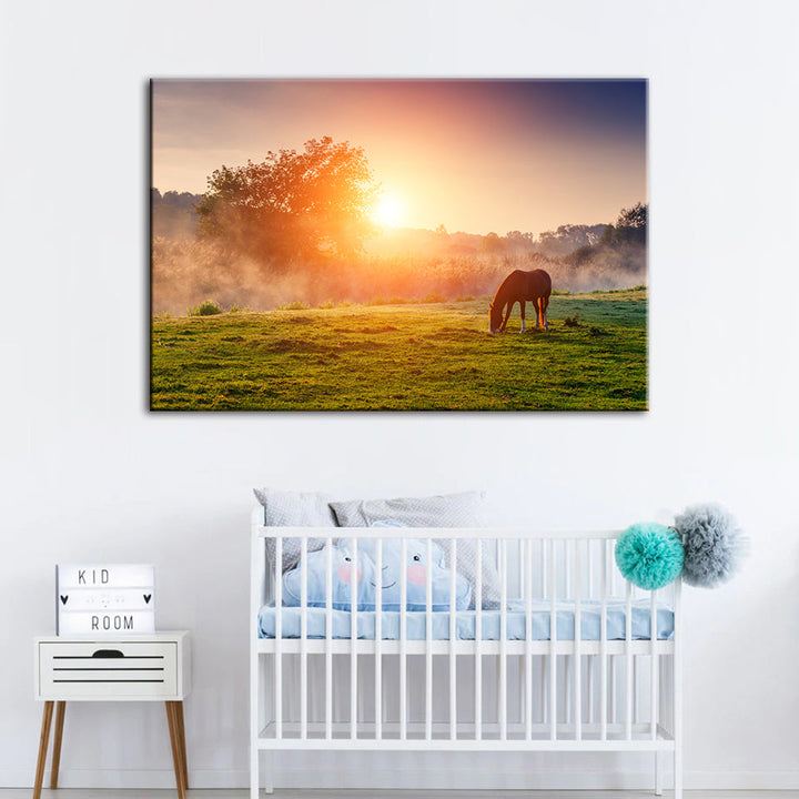 Sunrise Grazing Horse - Canvas Wall Art Painting | Bowlift