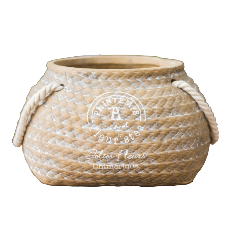 BowLift | Ceramic Plant Pot in Hemp Bag Design with Rope Handles – Decorative Flower Pot for Garden and Home