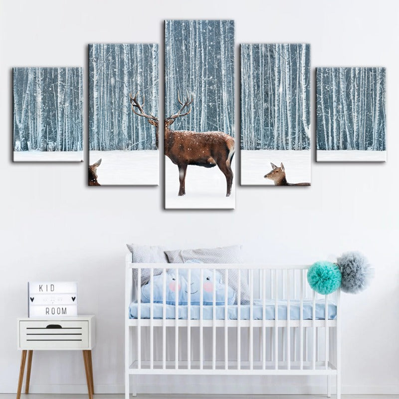 5 Piece Two Does and a Deer in Winter - Canvas Wall Art Painting | Bowlift