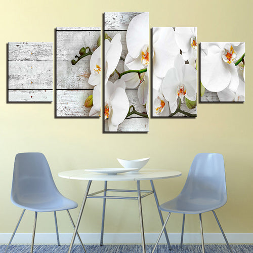 White Wood And Orchids 5 Piece - Canvas Wall Art Painting | Bowlift