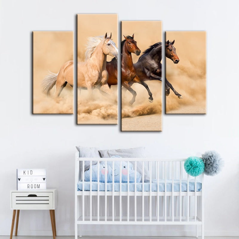 4 Piece Three Running Horses in Desert - Canvas Wall Art Painting | Bowlift