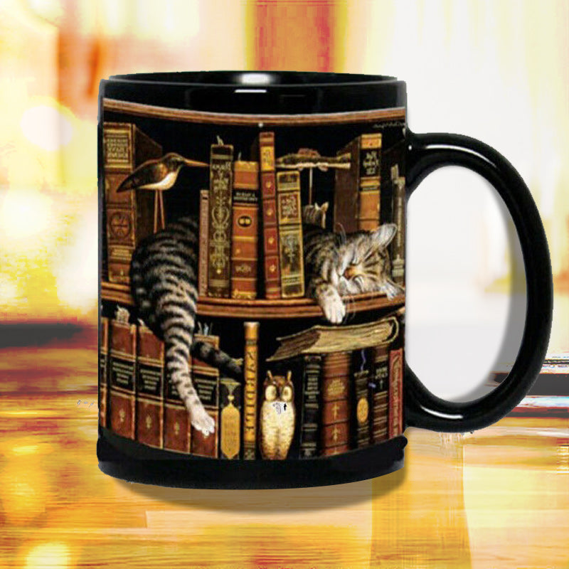 BowLift | Bookshelf Ceramic Coffee Mug - Gift for Cat Book Lovers