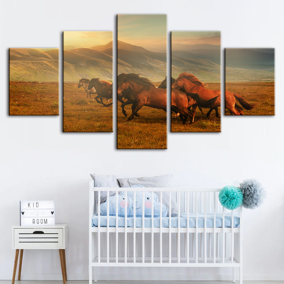 5 Piece Running Horses With Beautiful Landscape - Canvas Wall Art Painting | Bowlift