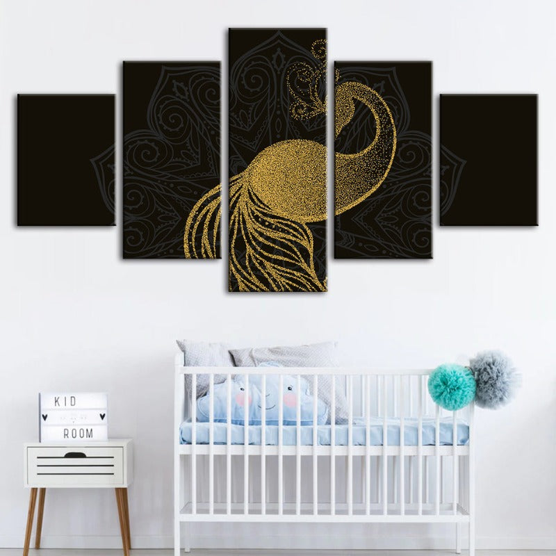 5 Piece Abstract Golden Mandala Peacock - Canvas Wall Art Painting | Bowlift