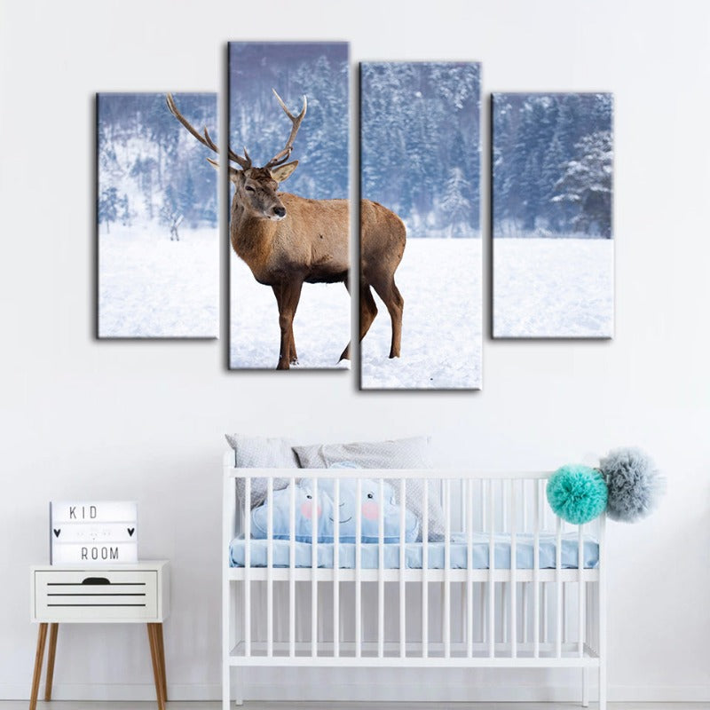 4 Piece Snowy Landscape Deer - Canvas Wall Art Painting | Bowlift