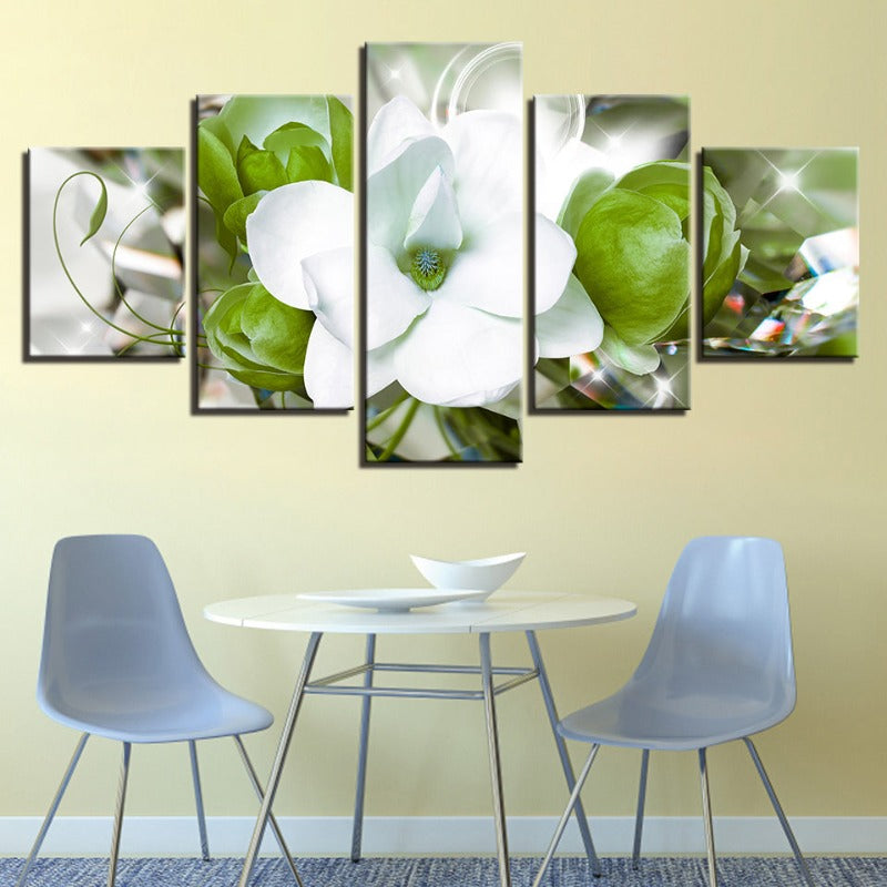 5 Piece Green Background White Flower - Canvas Wall Art Painting | Bowlift