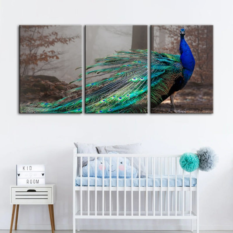 Vivid Peacock By The Pond-Canvas Wall Art Painting 3 Pieces | Bowlift