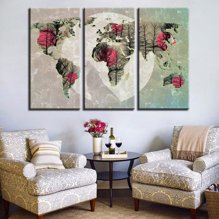 Beautiful Abstract Pink Sun World Map-Canvas Wall Art Painting 3 Pieces | Bowlift