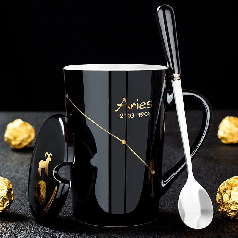 12 Constellations Black Ceramic Mug with Lid Spoon | Bowlift