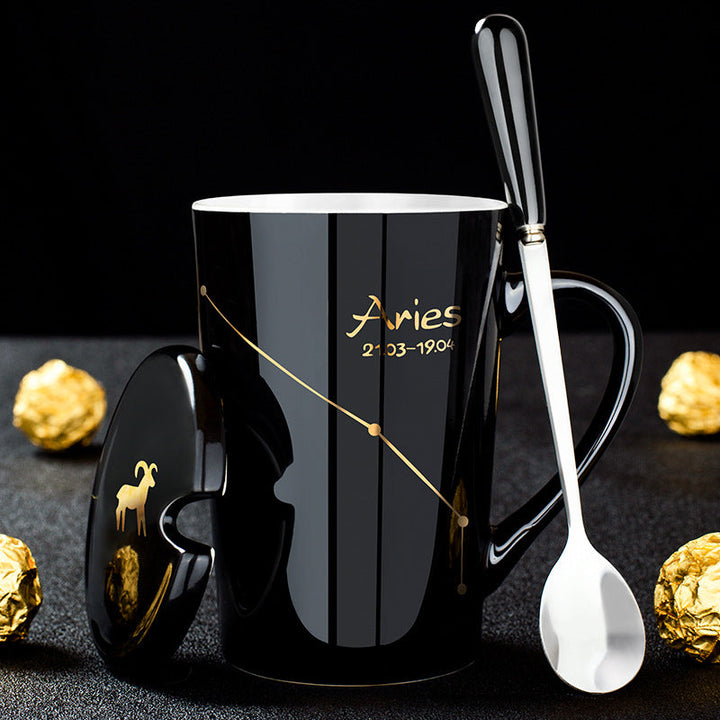 12 Constellations Black Ceramic Mug with Lid Spoon | Bowlift