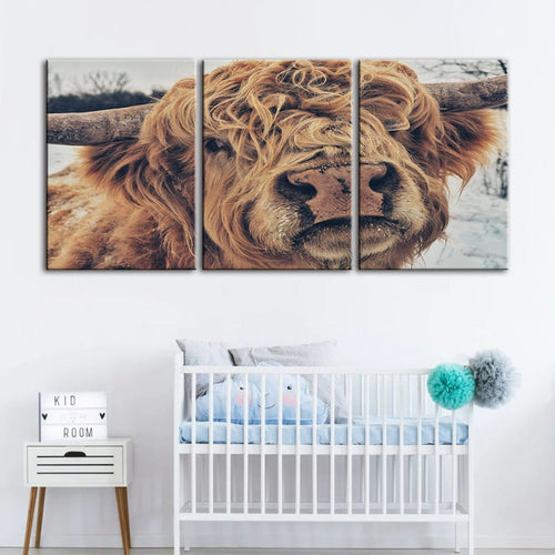 Close Up Brown Cow-Canvas Wall Art Painting 3 Pieces | Bowlift