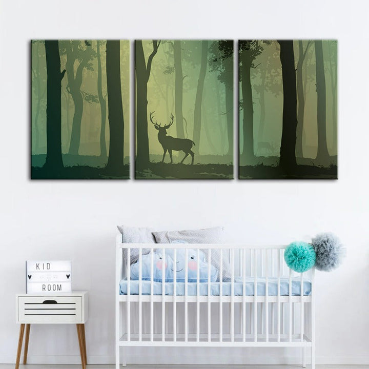 Enchanted Green Toned Silhouetted Deer-Canvas Wall Art Painting 3 Pieces | Bowlift