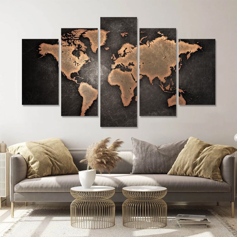 5 Piece Brown World Map - Canvas Wall Art Painting | Bowlift
