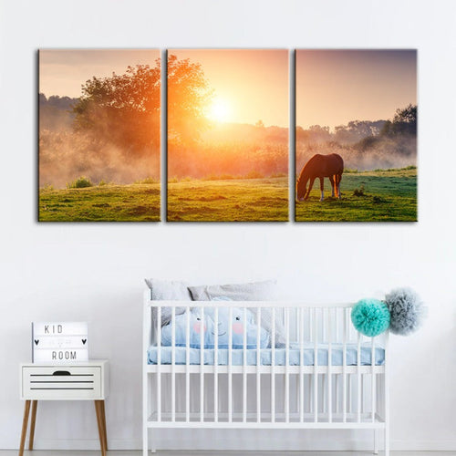 Sunrise Grazing Horse-Canvas Wall Art Painting 3 Pieces | Bowlift