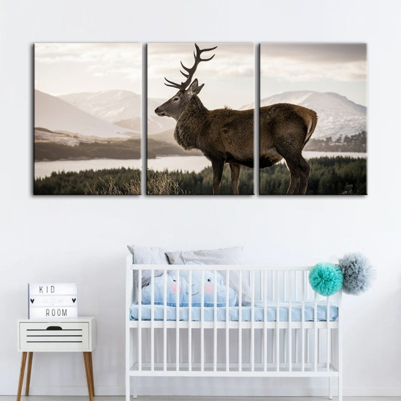 Somber Winter Deer-Canvas Wall Art Painting 3 Pieces | Bowlift