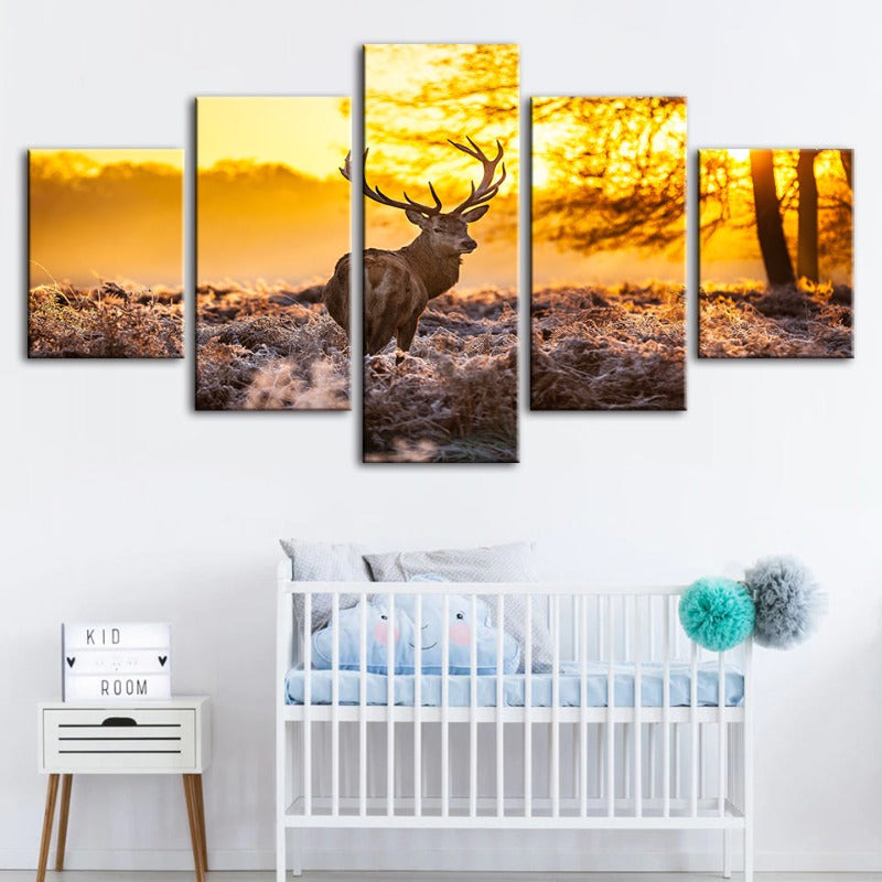 5 Piece Winter Deer at Dawn - Canvas Wall Art Painting | Bowlift