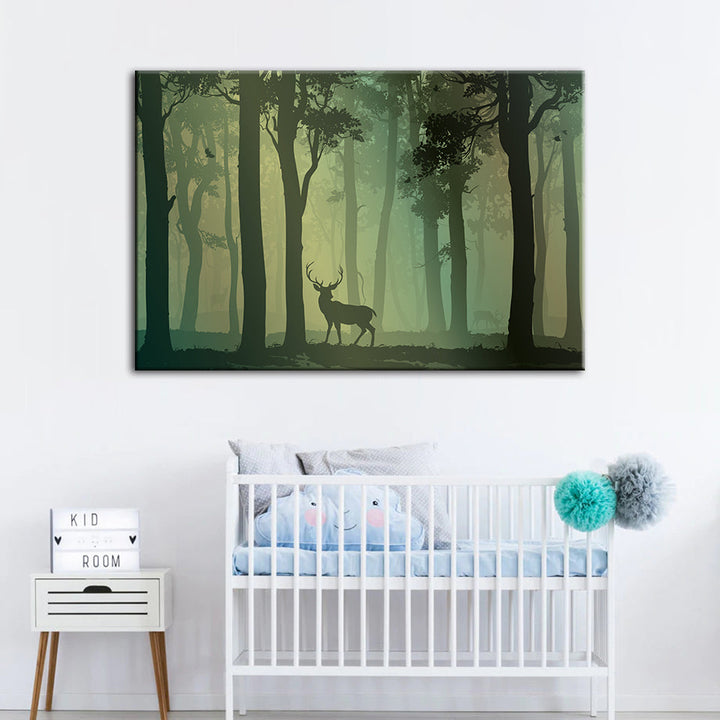 Enchanted Green Toned Silhouetted Deer - Canvas Wall Art Painting | Bowlift
