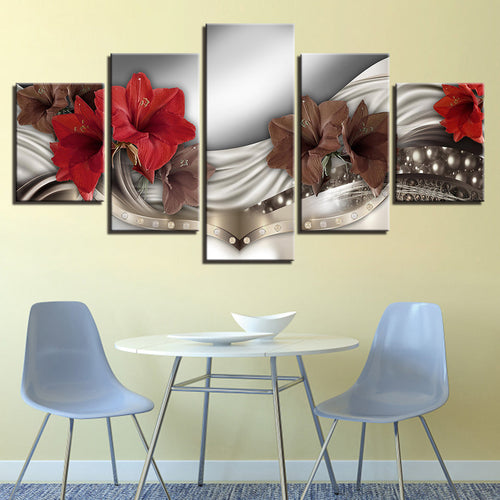 Rich Elegant Red Flowers 5 Piece - Canvas Wall Art Painting | Bowlift