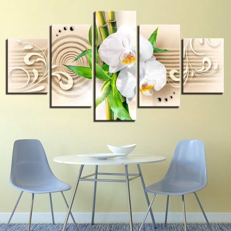 5 Piece Bamboo Stick White Flower - Canvas Wall Art Painting | Bowlift
