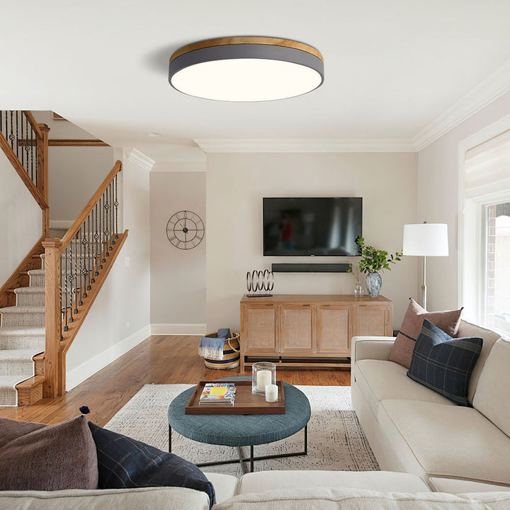 BowLift | Wooden Round Shape Flush Ceiling Light | LED. Solid Wood & Iron for Living Room. Dining Room & Hallway