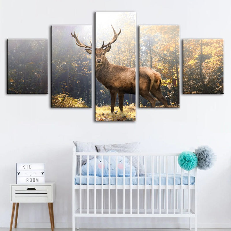 5 Piece Majestic Deer In The Woods - Canvas Wall Art Painting | Bowlift