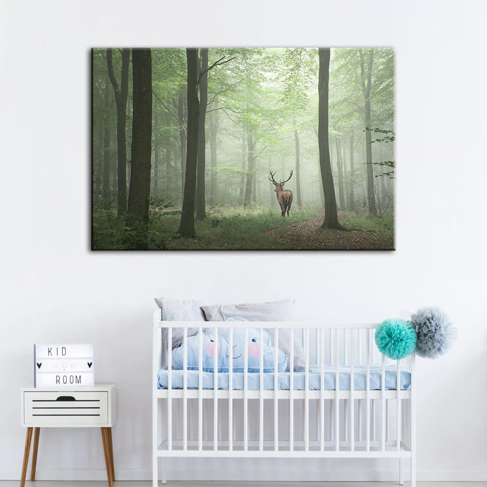 Misty Mystical Deer In The Woods - Canvas Wall Art Painting | Bowlift