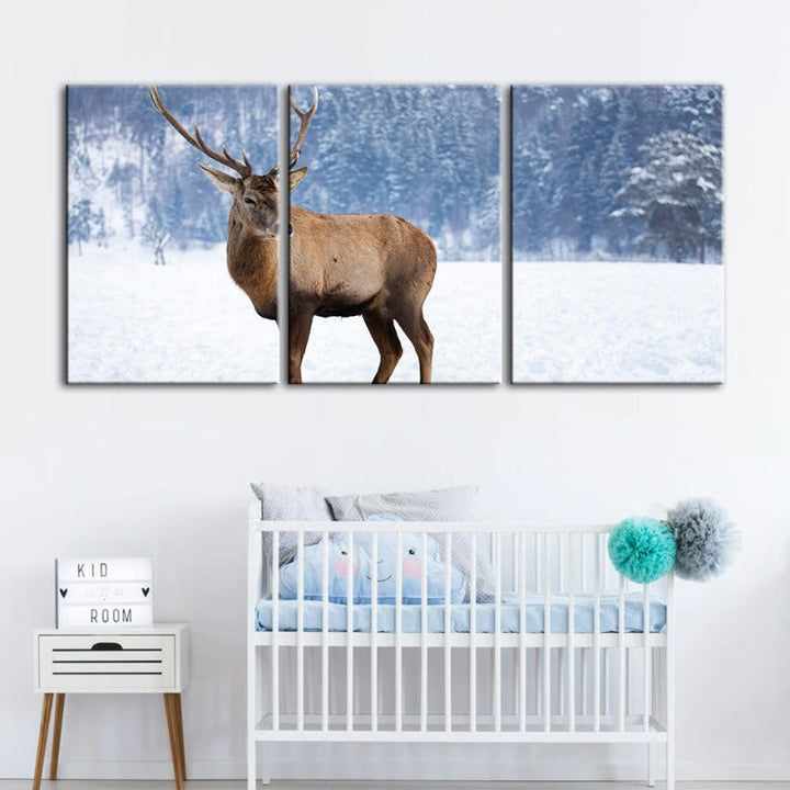 Snowy Landscape Deer-Canvas Wall Art Painting 3 Pieces | Bowlift
