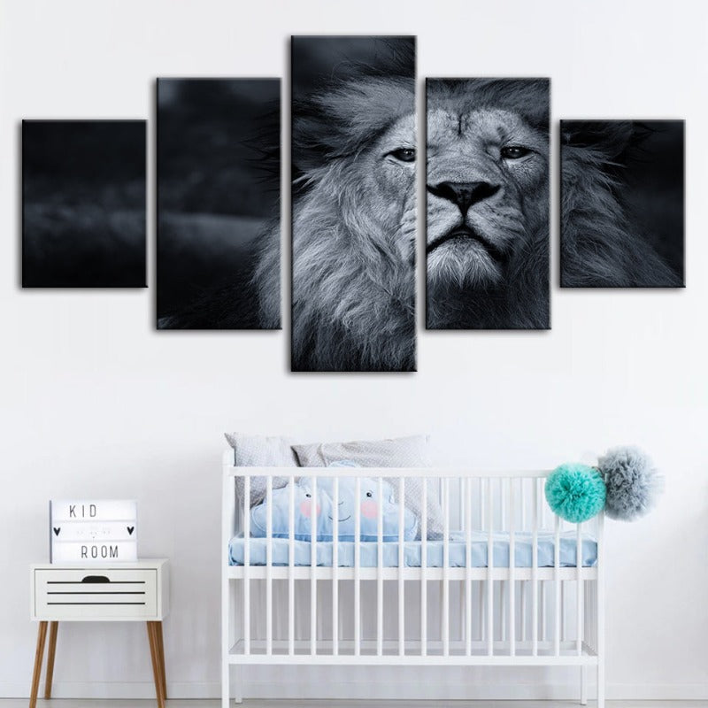 5 Piece Grayscale Concerned Lion - Canvas Wall Art Painting | Bowlift