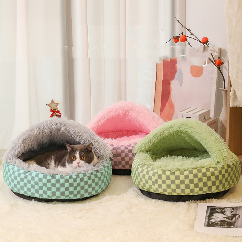 Chequered 2in1 Cat Cave Bed Bowlift