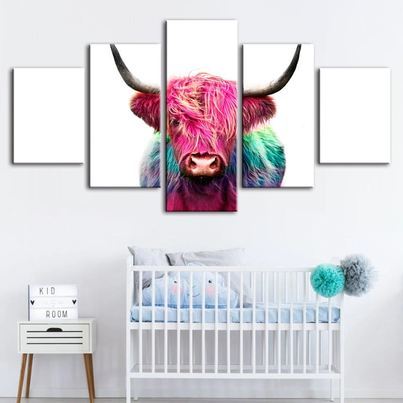 5 Piece Colorful Pink Cow - Canvas Wall Art Painting | Bowlift