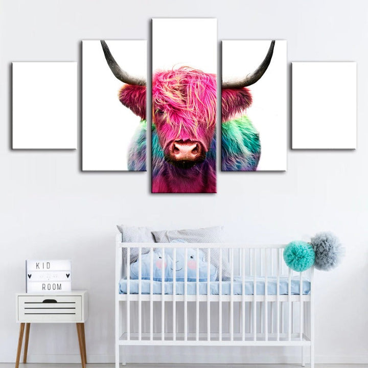 5 Piece Colorful Pink Cow - Canvas Wall Art Painting | Bowlift